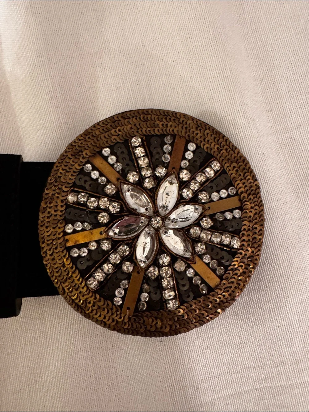 Black Suede/ Leather Belt with Ornate Gold & Crystal Buckle Size 2X